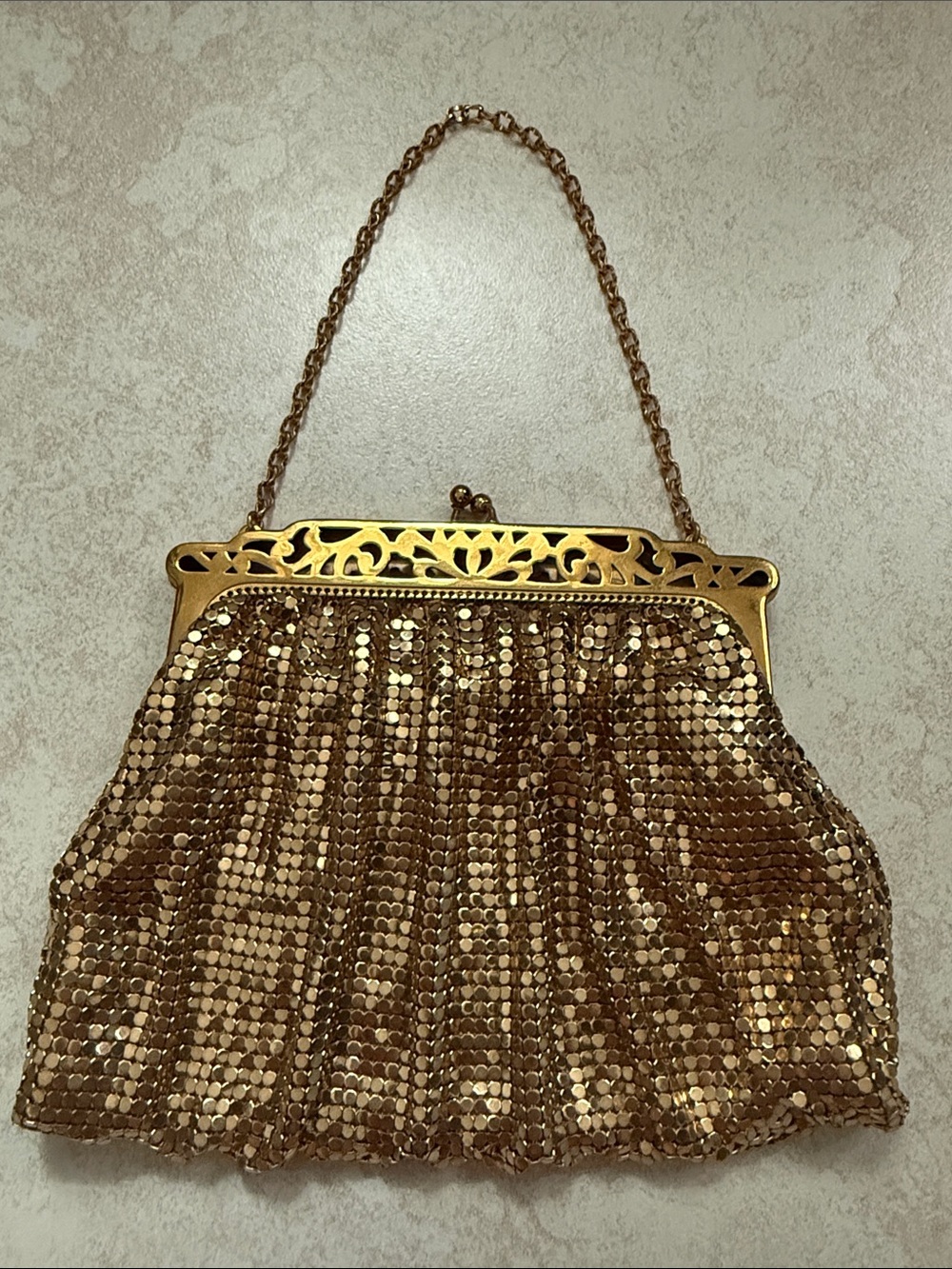 WHITING & DAVIS Vintage Gold Mesh Evening Bag Ornate Filigree Frame Chain